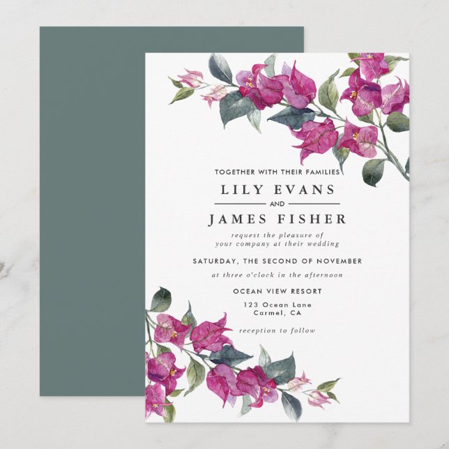Invitation Bougainvillea Bourgogne vert rose Mariage (Devant / Derrière)