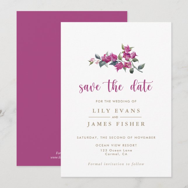 Invitation Bougainvilliers méditerranéens rose Sauvez la date (Devant / Derrière)