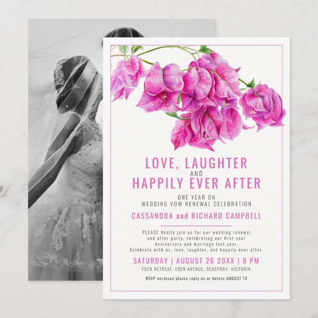 Invitation Bougainvilliers roses mariage voeu renouvellement  (Devant / Derrière)