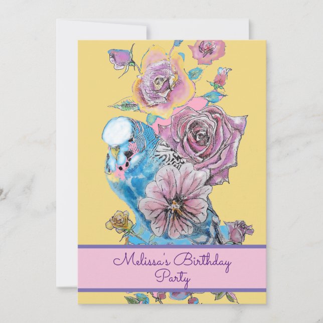 Invitation Bougie Bleu Oiseau Anniversaire Filles Rose Floral (Devant)