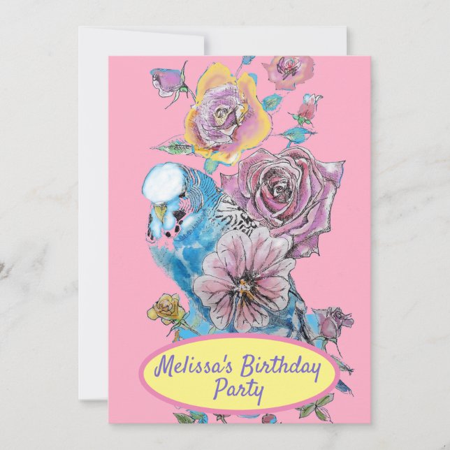Invitation Bougie Bleu Oiseau Anniversaire Filles Rose Floral (Devant)