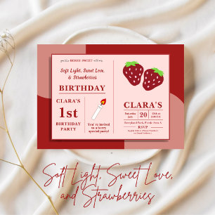 Invitation Bougie et fraises 1er anniversaire rose et rouge