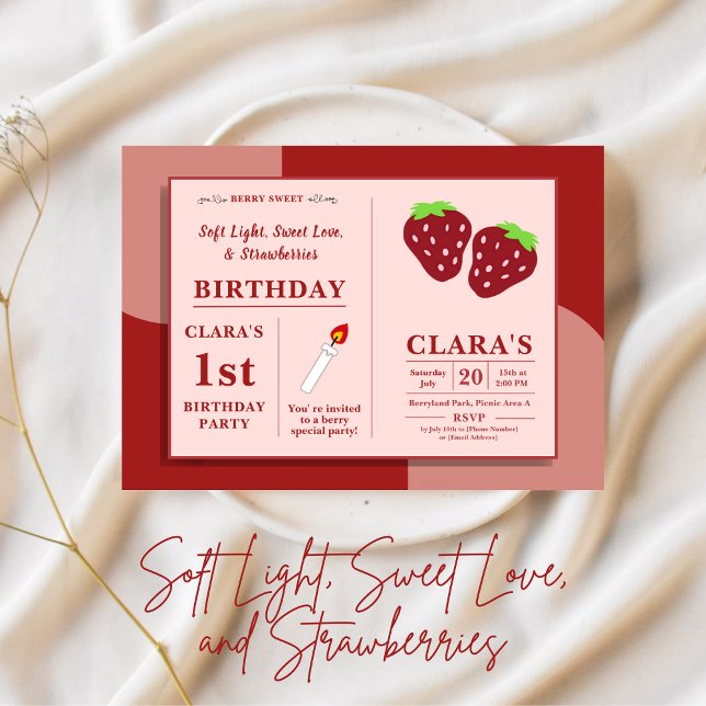 Invitation Bougie et fraises 1er anniversaire rose et rouge (Candle and Strawberries 1st Birthday Pink & Red Invitation
)