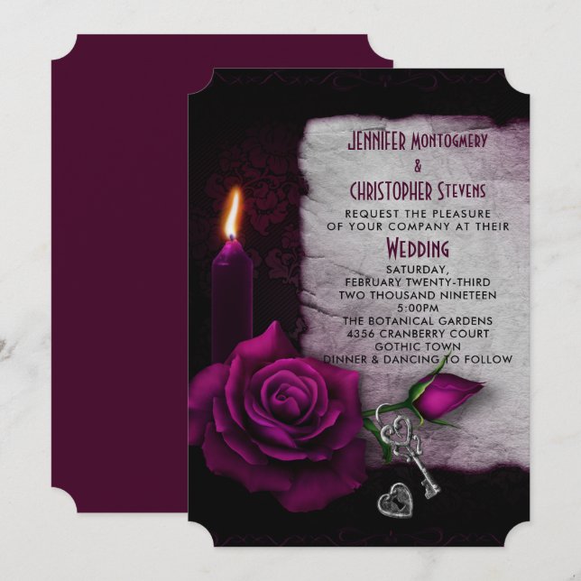 Invitation Bougie Rose gothique et Mariage de serrure (Devant / Derrière)