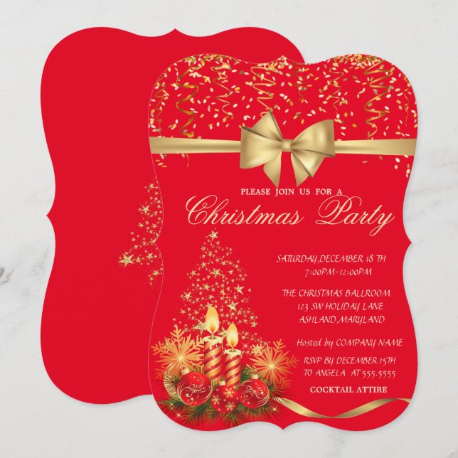 Invitation Bougies de Noël élégantes, Tree Red Company Party (Devant / Derrière)
