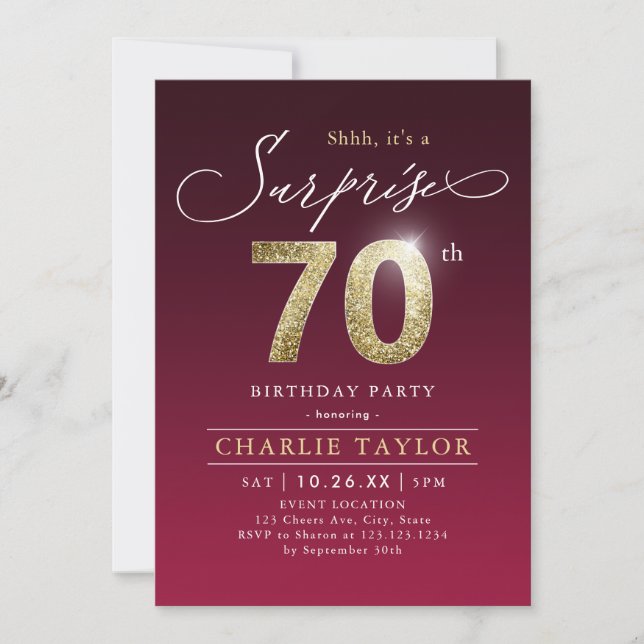 Invitation Bougogne moderne or adulte surprise 70e anniversai (Devant)