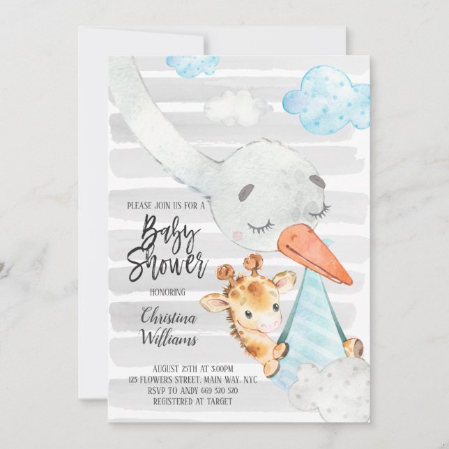 Invitation Bouilloire et Giraffe Cub Garçon Baby shower bleu  (Devant)