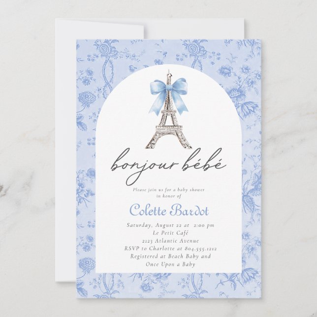 Invitation Boujour Bebe Paris Toile Baby shower bleu (Devant)