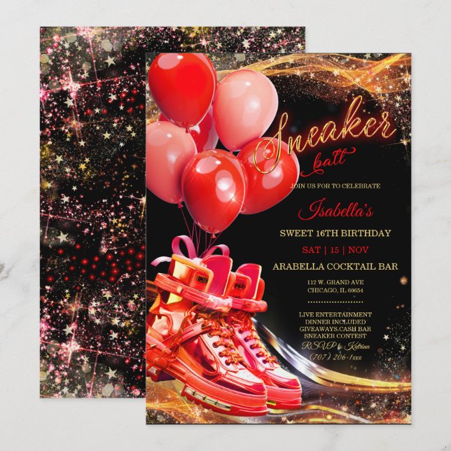 Invitation Boule Basket d'or rouge personnalisé Anniversaire (Devant / Derrière)