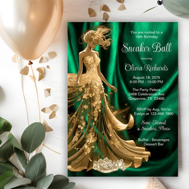 Invitation Boule Basket élegant Emerald Green Gold (Emerald green gold sneaker ball invitation. All text, font and wording can be changed for your event)