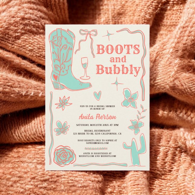 Invitation Boule de corail bottes bulle douche nuptiale (Coral scribbles boots bubbly bridal shower invitation)