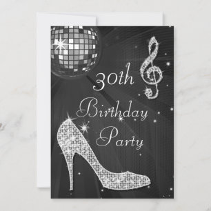 Invitation Boule de disco et talons noir et argent 30e annive