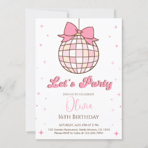 Invitation Boule de Disco Mignonne   Anniversaire ruban rose