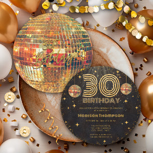 Invitation Boule de Disco Or Noir Anniversaire 30 ans Fête