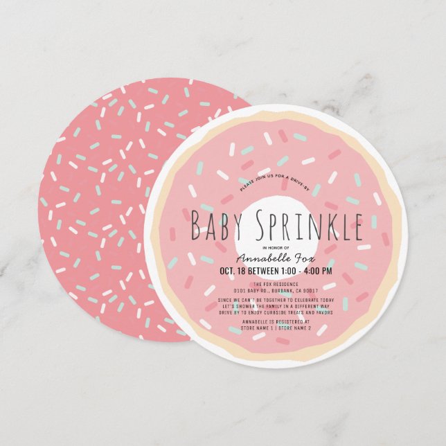 Invitation Boule de Donut rose Drive by Baby Sprinkle Shower  (Devant / Derrière)