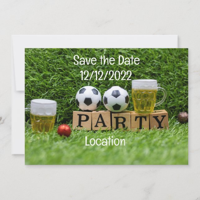 Invitation Boule de football Sauvez la date avec boule et biè (Devant)