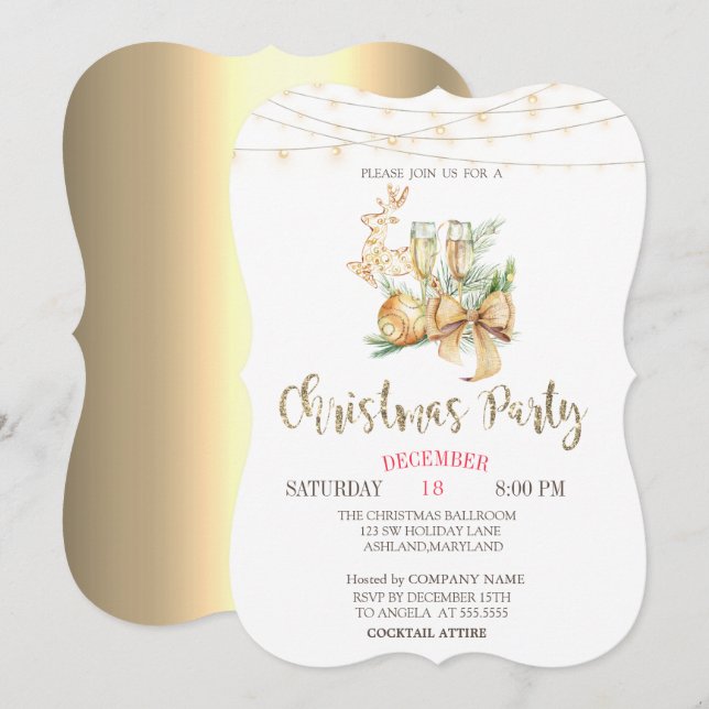 Invitation Boule de Noël, Verre de vin, Lumières Or Noël (Devant / Derrière)