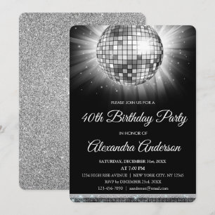 Invitation Boule Disco de fête d'anniversaire de 40e Argent