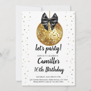 Invitation Boule disco dorée   Anniversaire ruban noir 
