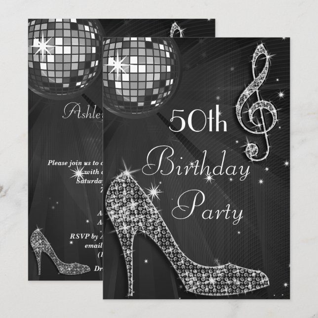 Invitation Boule Disco et talons Noir 50e anniversaire (Devant / Derrière)