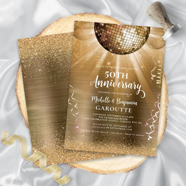 Invitation Boule disco Glam or 50e anniversaire de mariage (Gold Glam Disco Ball 50th Wedding Anniversary Invitation)