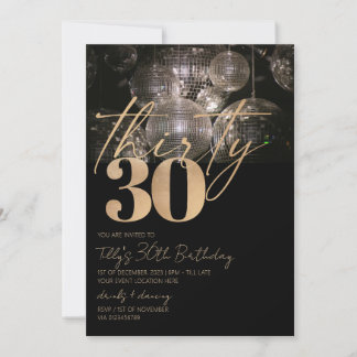Invitation Boule Disco noir et or 30e anniversaire fête