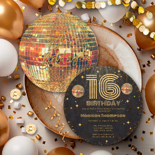 Invitation Boule disco Or Noir Anniversaire 16 ans Fête