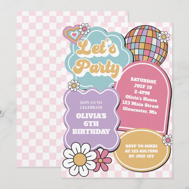 Invitation Boule disco pastel rétro et marguerite Anniversair (Devant / Derrière)