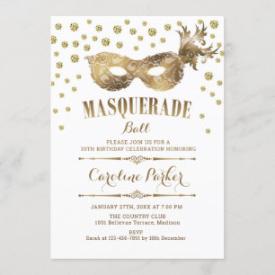 Invitation Boule Mascarade Blanc Or fête d'anniversaire