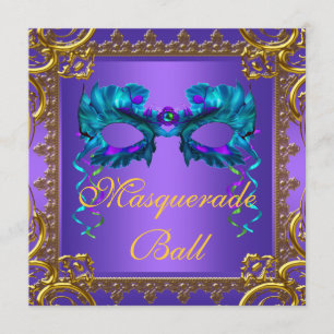 Invitation Boule Mascarade Turquoise couleur or violet