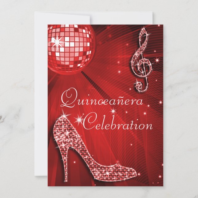 Invitation Boule Red Disco et talons d'étincelles Quinceañera (Devant)