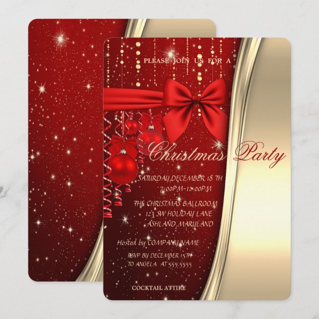Invitation Boules de Noël, Bow, Rouge, Gold Corporated Party (Devant / Derrière)