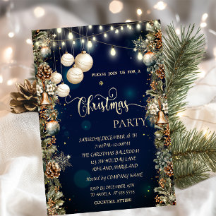 Invitation Boules de Noël, cloches, cônes de pin Bleu Noël