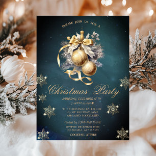 Invitation Boules de Noël dorées, Flocons de neige Société Vi