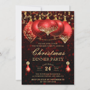 Invitation Boules de Noël élégantes rouges et dorées pour dîn