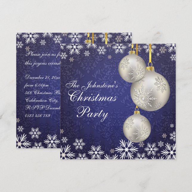 Invitation Boules de Noël en argent platine bleu (Devant / Derrière)