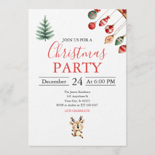 Invitation Boules de Noël et bébé renne joyeux