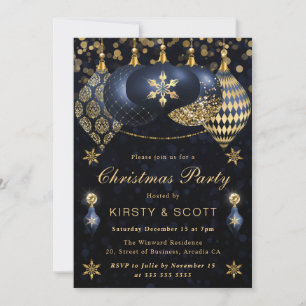 Invitation Boules de Noël Fête Bleu et Or Pailletées
