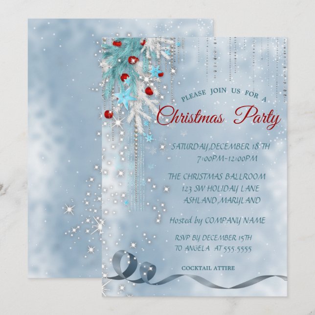 Invitation Boules de Noël, Flammes de neige, Étoiles, Fête co (Devant / Derrière)