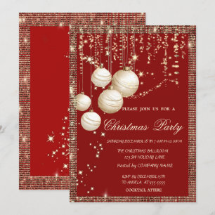 Invitation Boules de Noël Or Paillettes Cadre Rouge Noël
