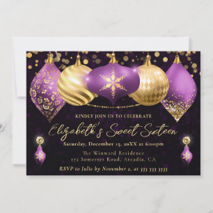 Invitation Boules de Noël Violet et Or Sweet 16