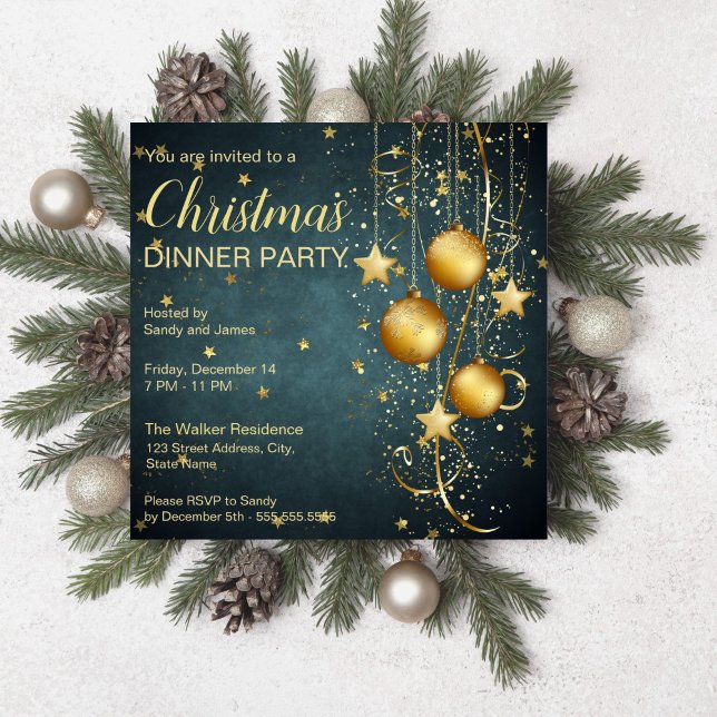 Invitation Boules d'or et étoiles vert foncé turquoise Noël (Gold baubles and stars dark teal green Christmas Invitation starry night christmas party invitation )