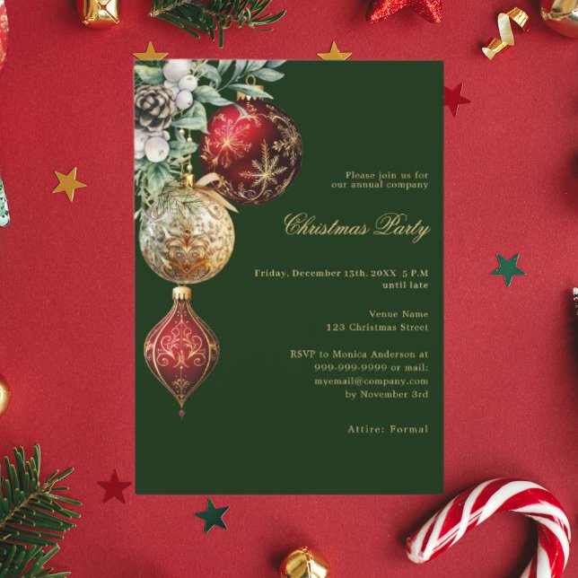 Invitation Boules d'or rouge vert affaires Noël fête (Créateur téléchargé)