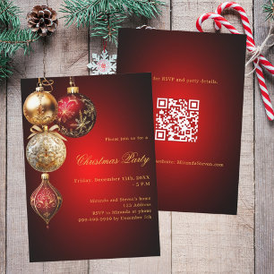 Invitation Boules en or rouge QR code Noël