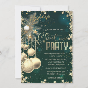 Invitation Boules étoiles branches dorées Société Noël vert