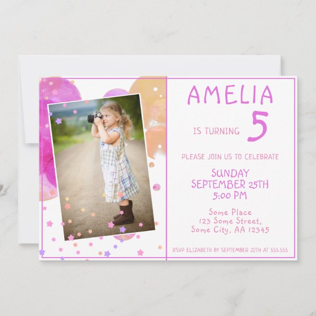 Invitation Boules roses mignonnes Girly Kid`s Photo Anniversa (Devant)