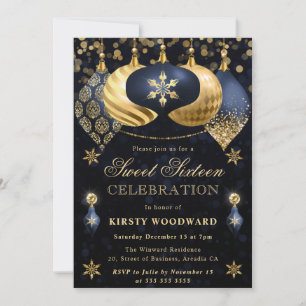 Invitation Boules scintillantes bleues et dorées Sweet Sixtee