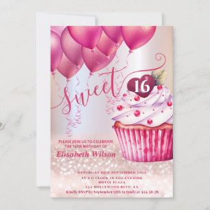 Invitation Boulon rose fille cupcake Rose or glittery