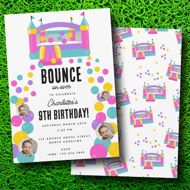 Invitation Bounce House Jumping Castle Girls Photo Anniversai (Bounce House Jumping Castle Girls Photo Birthday Invitation)