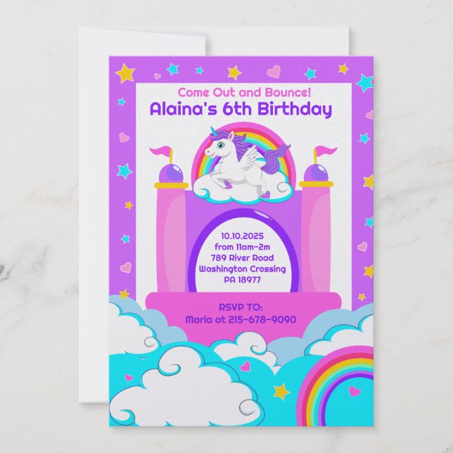 Invitation Bounce House Unicorn Girls Anniversaire de enfant  (Devant)